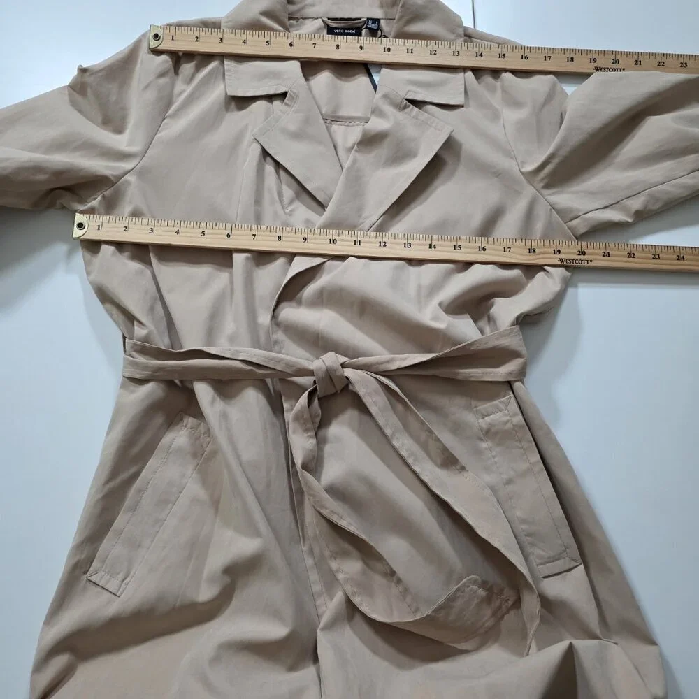 Vero Moda Wrap Coat Womens L Beige Belted Mid Length Pockets Lightweight Preppy